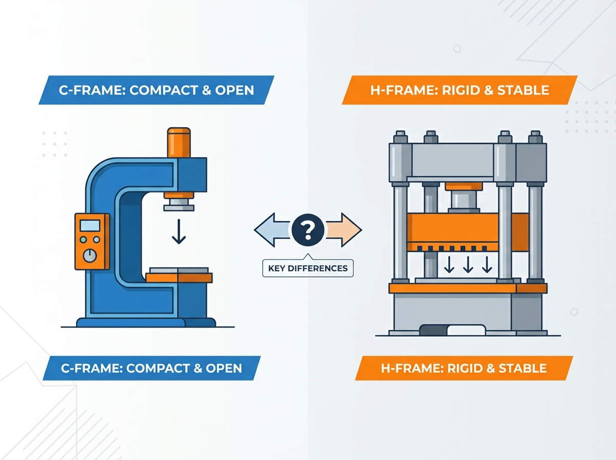 Compara&ccedil;&atilde;o entre prensa de quadro C e prensa de quadro H no ch&atilde;o de f&aacute;brica